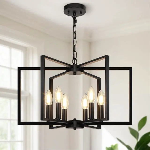 Main image of Black Farmhouse Chandelier, 6 Light Geometric Dining Room Light Fixture, Modern Industrial Metal Ceiling Light Rustic Hanging Pendant Lights with E12 base for Kitchen Island Entryway Foyer, Indoor