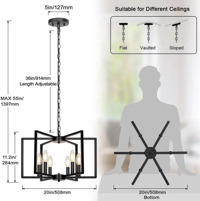 Alt view image 2 of 7 - Black Farmhouse Chandelier, 6 Light Geometric Dining Room Light Fixture, Modern Industrial Metal Ceiling Light Rustic Hanging Pendant Lights with E12 base for Kitchen Island Entryway Foyer, Indoor