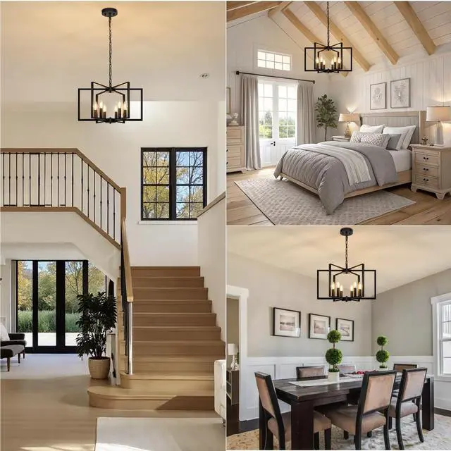 Alt view image 5 of 7 - Black Farmhouse Chandelier, 6 Light Geometric Dining Room Light Fixture, Modern Industrial Metal Ceiling Light Rustic Hanging Pendant Lights with E12 base for Kitchen Island Entryway Foyer, Indoor