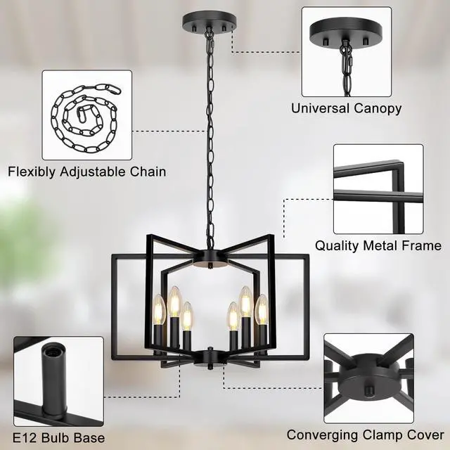 Alt view image 6 of 7 - Black Farmhouse Chandelier, 6 Light Geometric Dining Room Light Fixture, Modern Industrial Metal Ceiling Light Rustic Hanging Pendant Lights with E12 base for Kitchen Island Entryway Foyer, Indoor
