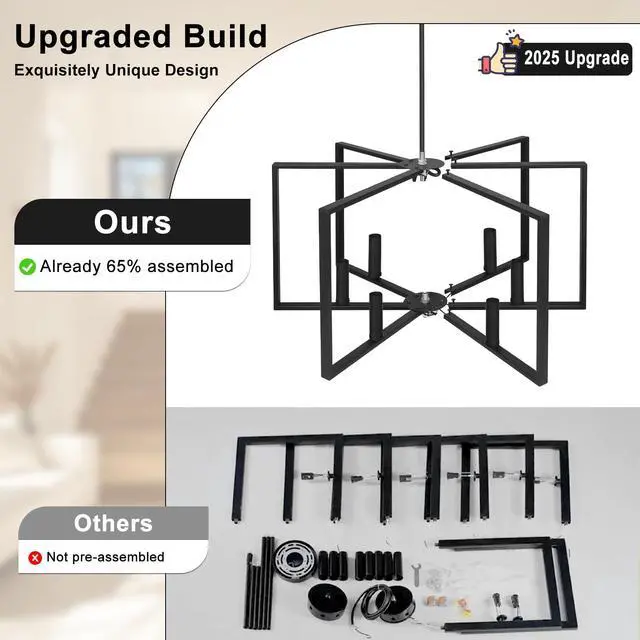 Alt view image 7 of 7 - Black Farmhouse Chandelier, 6 Light Geometric Dining Room Light Fixture, Modern Industrial Metal Ceiling Light Rustic Hanging Pendant Lights with E12 base for Kitchen Island Entryway Foyer, Indoor