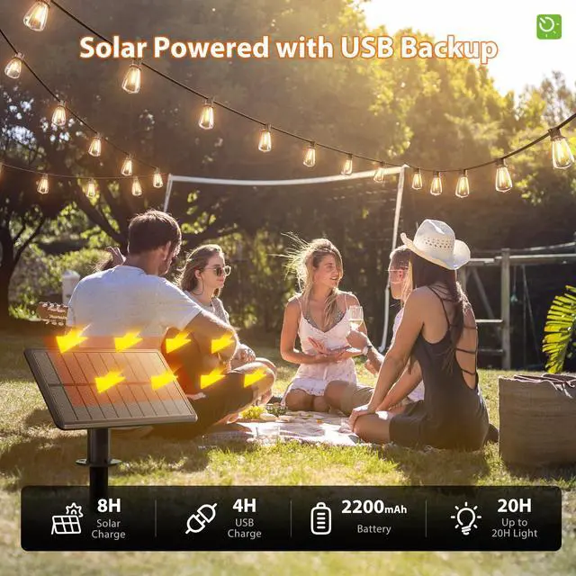 Alt view image 5 of 7 - 54FT Solar String Lights Outdoor Waterproof with USB Charging & Remote | Dimmable & Timable, Solar Powered Patio Lights with LED Shatterproof Bulbs for Deck Backyard Porch Garden Camping