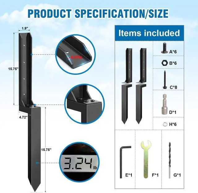 Alt view image 2 of 6 - 2 Pcs Fence Post Repair Kit, Heavy Duty Fence Post Anchor Ground Stakes for Repair Tilted, Broken Wood Support