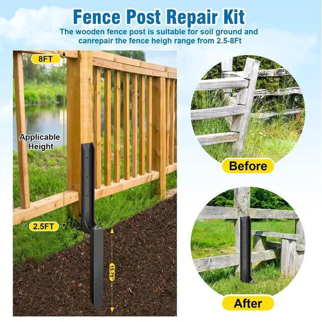 Alt view image 3 of 6 - 2 Pcs Fence Post Repair Kit, Heavy Duty Fence Post Anchor Ground Stakes for Repair Tilted, Broken Wood Support