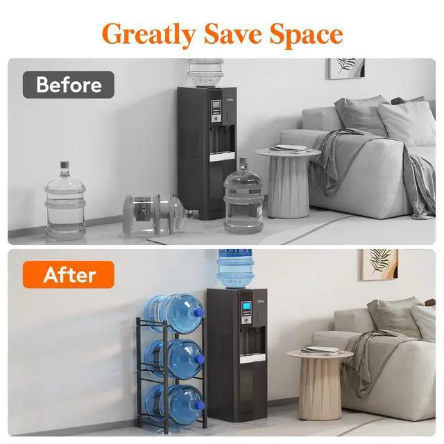 Alt view image 3 of 7 - 5 Gallon Water Jug Holder, 3 Tier Heavy Duty Water Dispenser Stand | 3 Slots Water Bottle Storage Rack for Gallon Jugs, 126 lb Capacity Detachable Water Shelf Organizer for Home, Office, Black