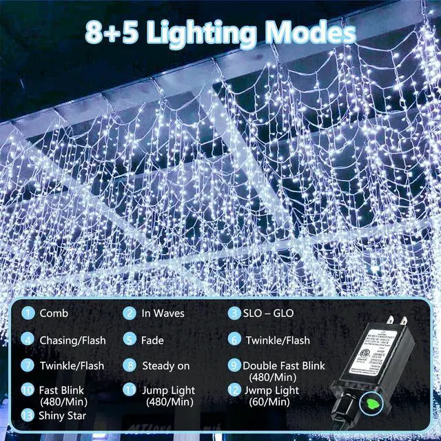 Alt view image 3 of 5 - 115FT 300LED Timer Function Cool White Christmas String Lights, Indoor/Outdoor, Waterproof, 8 Modes, Clear Wire Fairy Tree Lights for Garden Patio Bedroom Christmas Decorations