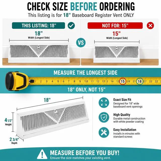 Alt view image 2 of 7 - 4 Pack 18 Inch Baseboard Register | RoundFlow Design for Maximum Air Flow - Smooth-Glide Air Adjust Lever - Heavy Duty Rust-Proof Steel - Easy Installation