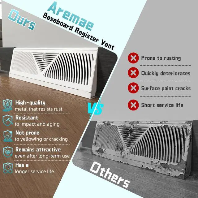 Alt view image 4 of 7 - 4 Pack 18 Inch Baseboard Register | RoundFlow Design for Maximum Air Flow - Smooth-Glide Air Adjust Lever - Heavy Duty Rust-Proof Steel - Easy Installation