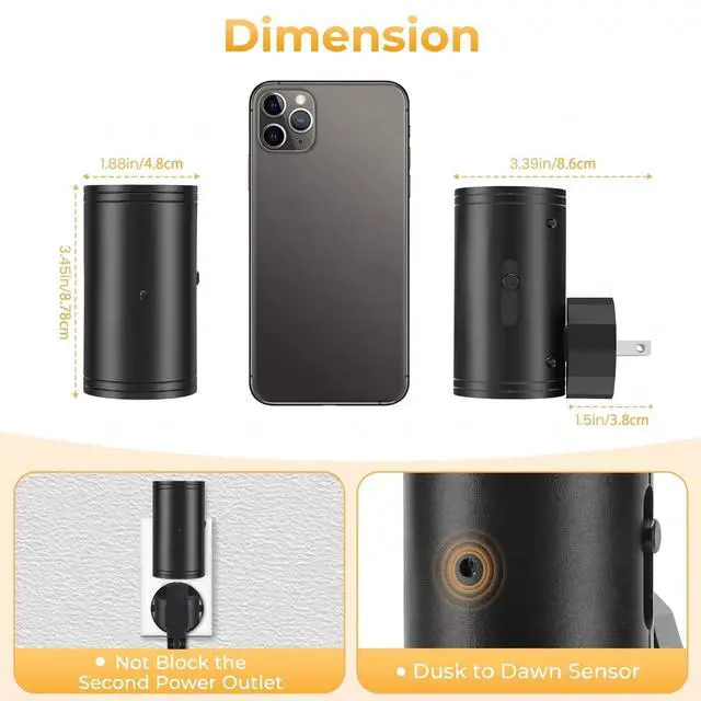 Alt view image 7 of 7 - LED Night Lights Plug into Wall 2 Pack,Dimmable,Soft White 3000K | Dusk to Dawn Sensor, 90°Rotating Plug in Black Night Light 5-300LM Adjustable Brightness, for Kitchen,Hallway Bedroom,Stairs