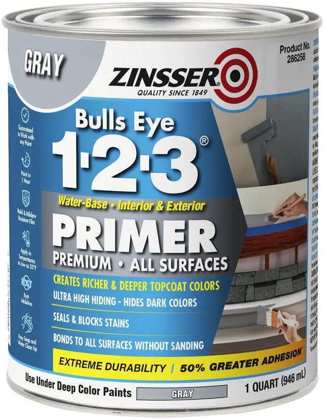 Main image of 286258 Bulls Eye 1-2-3 All Surface Primer, Quart, Gray | Bulls Eye 1-2-3 water-base primer-sealer, 31.5oz, Gray. All-surface stain-blocking primer for interior & exterior; sticks