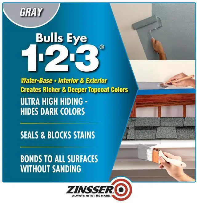 Alt view image 2 of 7 - 286258 Bulls Eye 1-2-3 All Surface Primer, Quart, Gray | Bulls Eye 1-2-3 water-base primer-sealer, 31.5oz, Gray. All-surface stain-blocking primer for interior & exterior; sticks