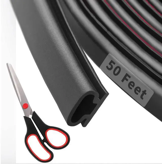Main image of 50 Feet D-Shape Rubber Weather Stripping Door Seal Strip, Self-Adhesive Backing Door Weatherstripping for Door Frame Insulation Large Gap, Easy Cut to Size with Tailor Scissors(Black)