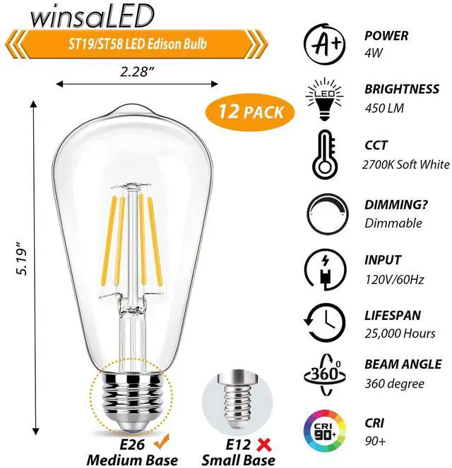 Alt view image 2 of 7 - 12 Pack Dimmable LED Light Bulbs 40 Watt Equivalent, ST19 Vintage E26 Edison Bulbs, 2700K Soft Warm White 4W LED Bulbs, Antique Filament Decorative Light Bulbs for Light Fixtures