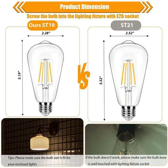 Alt view image 3 of 7 - 12 Pack Dimmable LED Light Bulbs 40 Watt Equivalent, ST19 Vintage E26 Edison Bulbs, 2700K Soft Warm White 4W LED Bulbs, Antique Filament Decorative Light Bulbs for Light Fixtures