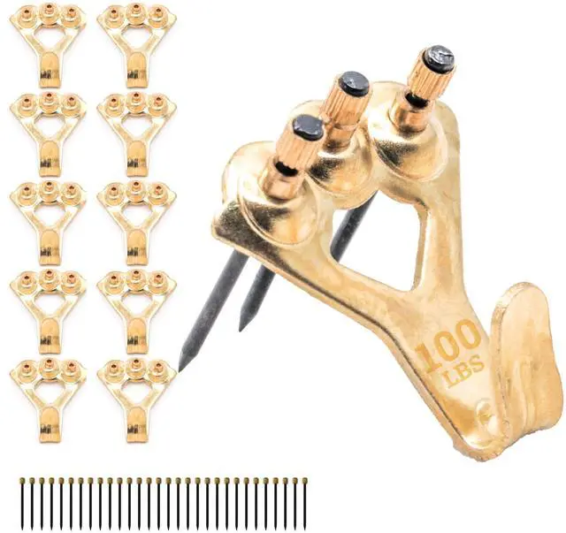 Main image of PHS 100 lb Brass Picture Hanging Hooks with Nails, 10 Pack | Heavy duty picture hangers, mirror mounting hardware, hardened blue steel nails, drywall and plaster walls