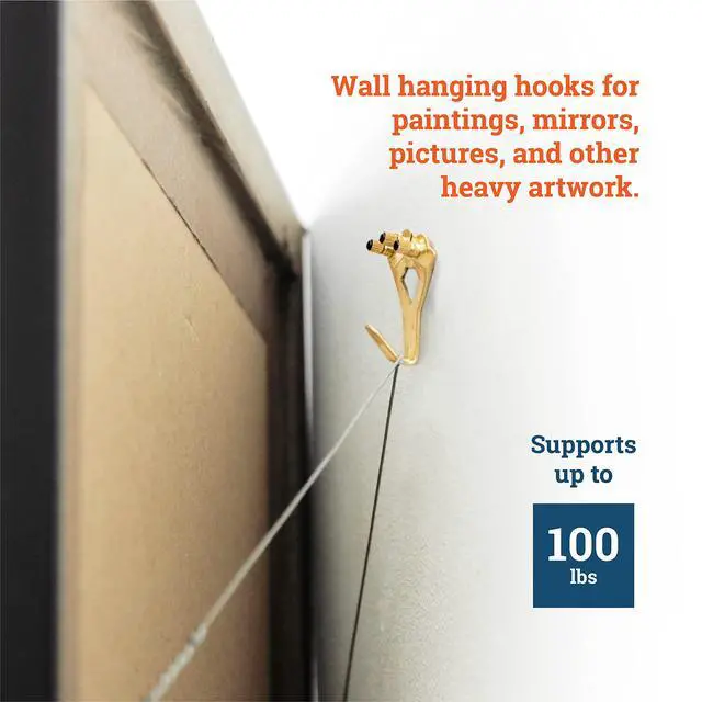 Alt view image 4 of 7 - PHS 100 lb Brass Picture Hanging Hooks with Nails, 10 Pack | Heavy duty picture hangers, mirror mounting hardware, hardened blue steel nails, drywall and plaster walls
