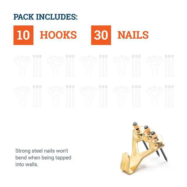Alt view image 5 of 7 - PHS 100 lb Brass Picture Hanging Hooks with Nails, 10 Pack | Heavy duty picture hangers, mirror mounting hardware, hardened blue steel nails, drywall and plaster walls
