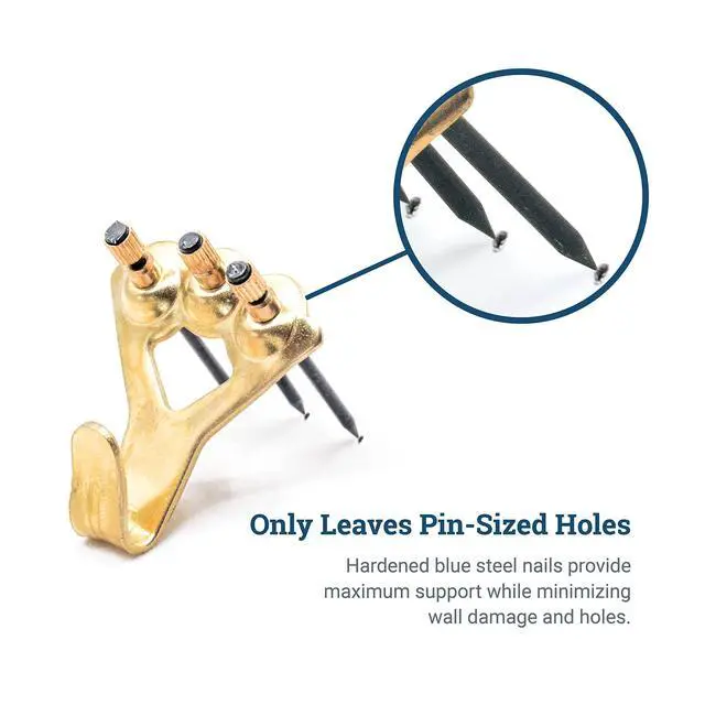 Alt view image 6 of 7 - PHS 100 lb Brass Picture Hanging Hooks with Nails, 10 Pack | Heavy duty picture hangers, mirror mounting hardware, hardened blue steel nails, drywall and plaster walls