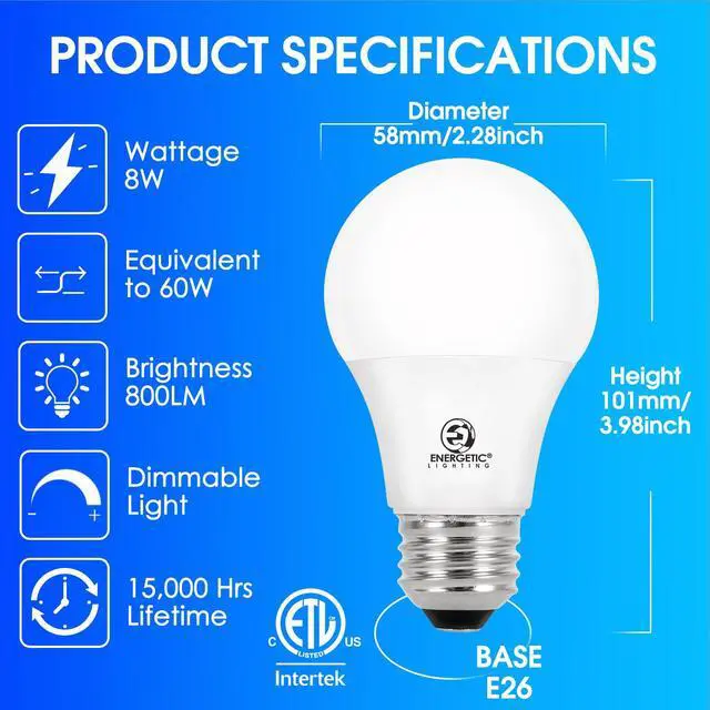 Alt view image 2 of 7 - Dimmable LED Light Bulbs, 60W Equivalent 5000K Daylight, 8W 800 Lumens, E26 LED Bulb 60 Watt Dimmable, ETL Listed, 12 Packs