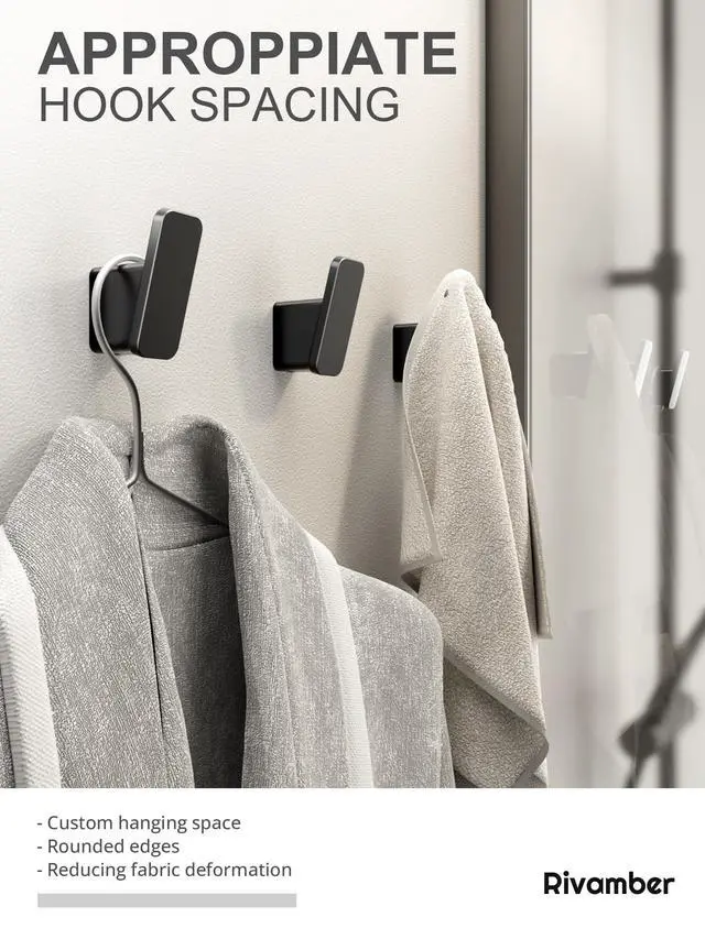 Alt view image 3 of 7 - 4-Pack Matte Black Towel Hook for Bathroom, Robe Coat Hook, Heavy Duty Wall Hooks for Hanging Bag Hat Mudroom Bedroom Shower Closet, Drill in Hanger Mount with Screw, Holder Back of Door Outdoor