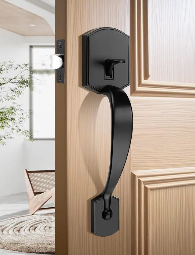 Alt view image 3 of 7 - Black Front Door Handle, Heavy Duty Zinc Alloy Exterior Entry Door Handles No Lock, Entry Door Lock with Reversible Handle, Compatible with Keypad Deadbolt for Home Front or Back Entryway
