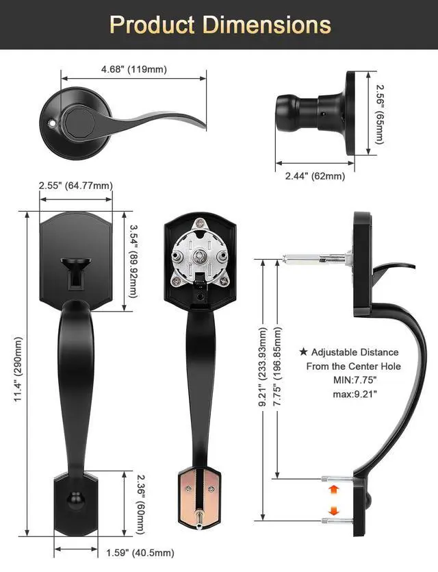 Alt view image 6 of 7 - Black Front Door Handle, Heavy Duty Zinc Alloy Exterior Entry Door Handles No Lock, Entry Door Lock with Reversible Handle, Compatible with Keypad Deadbolt for Home Front or Back Entryway