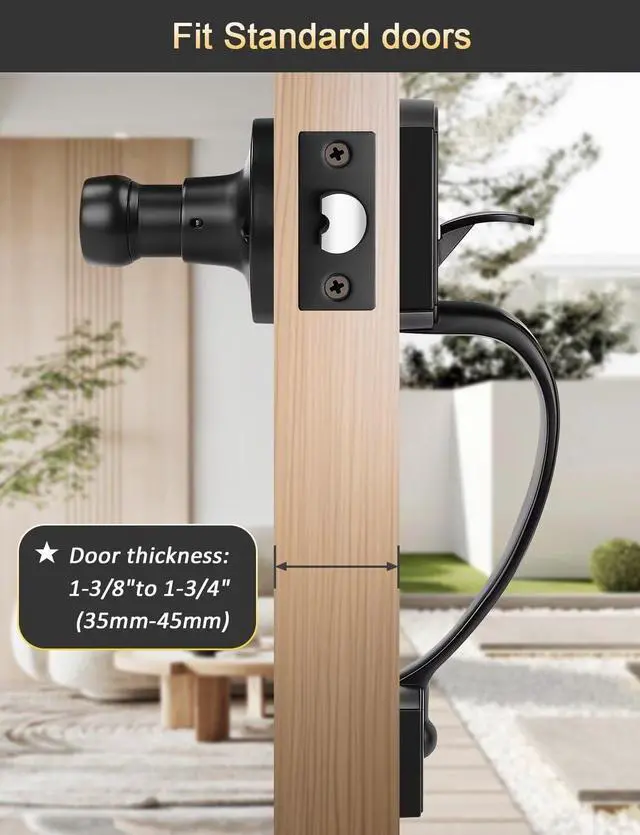 Alt view image 5 of 7 - Black Front Door Handle, Heavy Duty Zinc Alloy Exterior Entry Door Handles No Lock, Entry Door Lock with Reversible Handle, Compatible with Keypad Deadbolt for Home Front or Back Entryway