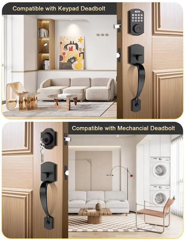 Alt view image 7 of 7 - Black Front Door Handle, Heavy Duty Zinc Alloy Exterior Entry Door Handles No Lock, Entry Door Lock with Reversible Handle, Compatible with Keypad Deadbolt for Home Front or Back Entryway