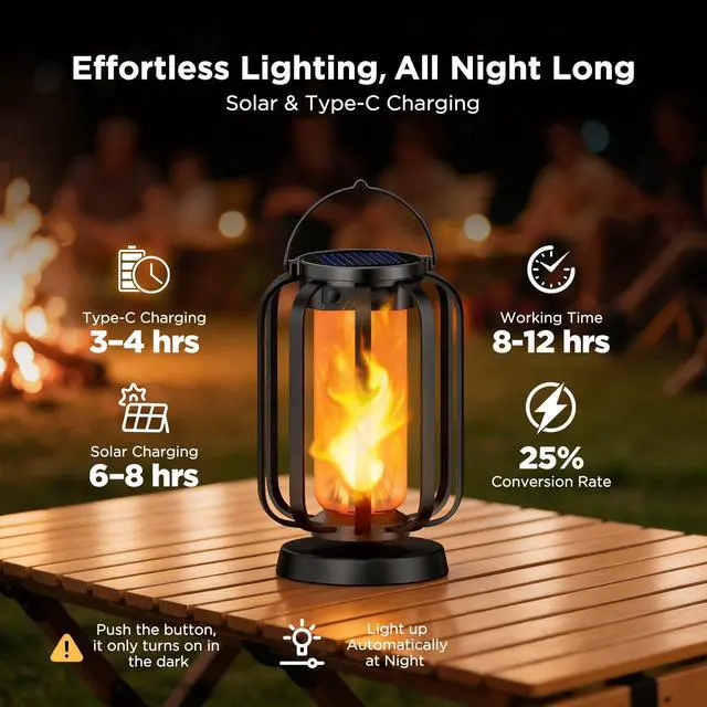 Alt view image 4 of 7 - Gen2 Solar Lanterns Outdoor Lights with Ultra-Real Flame | USB/Solar Charging & 4-Mode, Waterproof Decorative Hanging/Table Light for Pathway Yard Patio Garden Decor Gifts for Women, 2