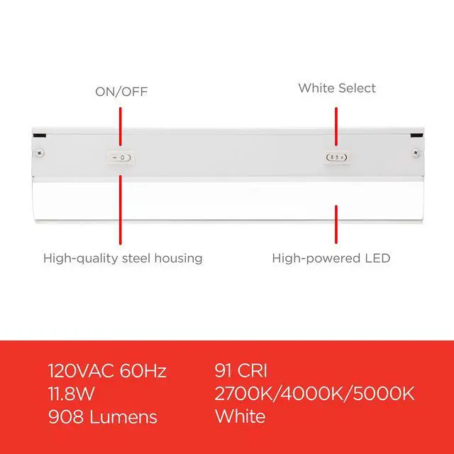 Alt view image 2 of 7 - 24 Inch Hardwired Under Cabinet Light, Dimmable 908 Lumens | 3 Color Temperatures from Soft White to Cool White Lighting, Linkable Under Cabinet Lighting for Kitchen ETL Listed
