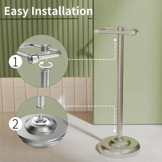 Alt view image 3 of 6 - Toilet Paper Holder Stand, Brushed Nickel Toilet Paper Holder Free Standing,Post Pivoting Design & Stable Weighted Base SUS304 Stainless Steel for Bathroom