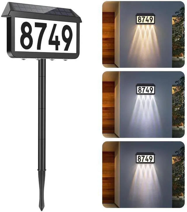 Main image of Solar Address Signs, House Number for Outside Waterproof | 3 Lighting Modes with Stake, Wall Mounted/In Ground, for Outside Yard Home, 1-Pack Black