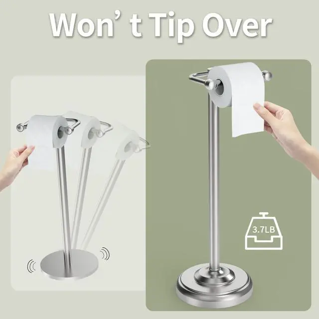 Alt view image 5 of 6 - Toilet Paper Holder Stand, Brushed Nickel Toilet Paper Holder Free Standing,Post Pivoting Design & Stable Weighted Base SUS304 Stainless Steel for Bathroom