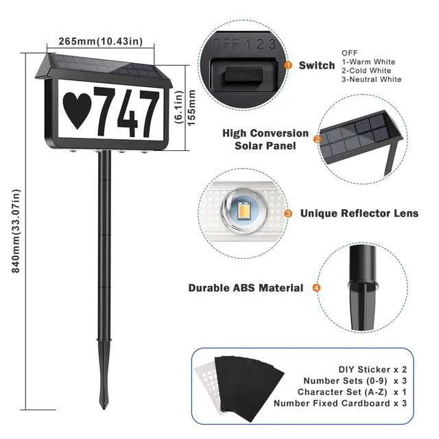 Alt view image 2 of 7 - Solar Address Signs, House Number for Outside Waterproof | 3 Lighting Modes with Stake, Wall Mounted/In Ground, for Outside Yard Home, 1-Pack Black