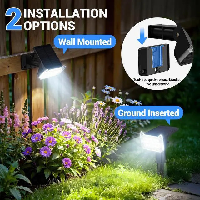Alt view image 7 of 7 - Solar Spot Lights Outdoor Waterproof IP65, Super Bright LEDs with Lens, 6500K 2 Lighting Modes, 2 in 1 Auto On/Off Solar Powered Spotlights for Yard Flag Landscape Tree, 4 Pack, Cool White