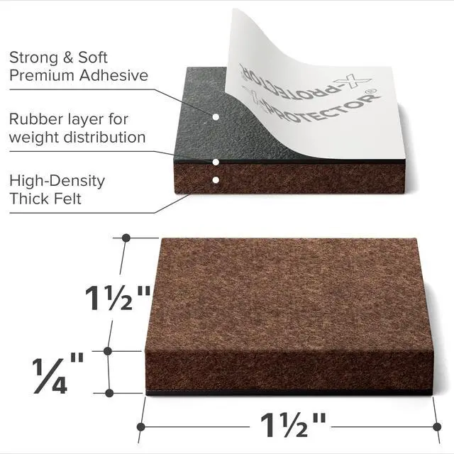 Alt view image 3 of 6 - 24 Heavy-Duty Felt Furniture Pads 1.5 1/4 Square Felt Pads | Thick Pads for Furniture Feet - Best Felt Floor Protectors for Furniture to Prevent Scratches. Protect Your Hard Floor! Brown