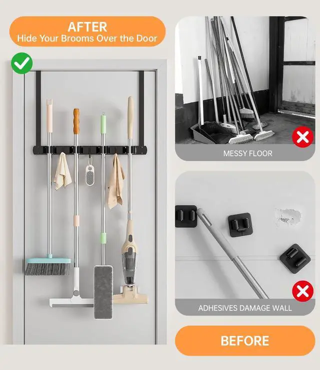 Alt view image 2 of 7 - Broom Holder Over The Door with Hooks -304 Stainless Steel (Black) | Save Space, Anti-Rust & Sturdy, Mop and Broom Holder Wall Mounted or Hanging Over The Door, for Garage Laundry Kitchen