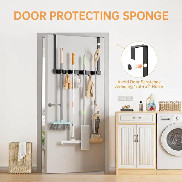 Alt view image 3 of 7 - Broom Holder Over The Door with Hooks -304 Stainless Steel (Black) | Save Space, Anti-Rust & Sturdy, Mop and Broom Holder Wall Mounted or Hanging Over The Door, for Garage Laundry Kitchen