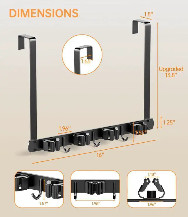 Alt view image 5 of 7 - Broom Holder Over The Door with Hooks -304 Stainless Steel (Black) | Save Space, Anti-Rust & Sturdy, Mop and Broom Holder Wall Mounted or Hanging Over The Door, for Garage Laundry Kitchen