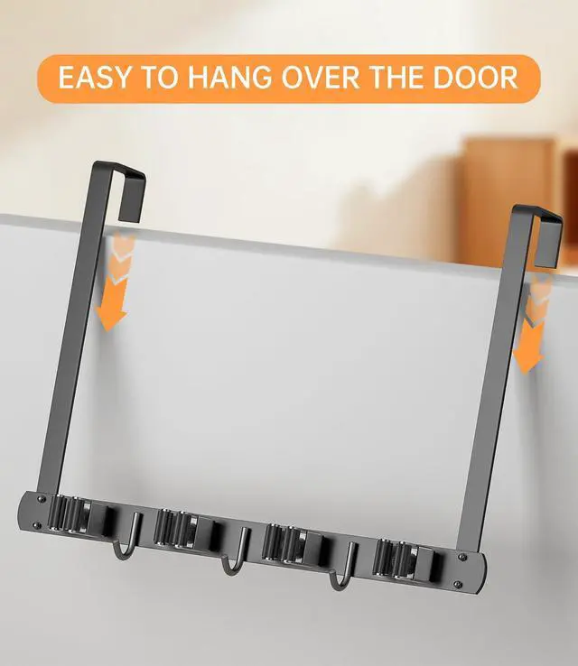 Alt view image 6 of 7 - Broom Holder Over The Door with Hooks -304 Stainless Steel (Black) | Save Space, Anti-Rust & Sturdy, Mop and Broom Holder Wall Mounted or Hanging Over The Door, for Garage Laundry Kitchen
