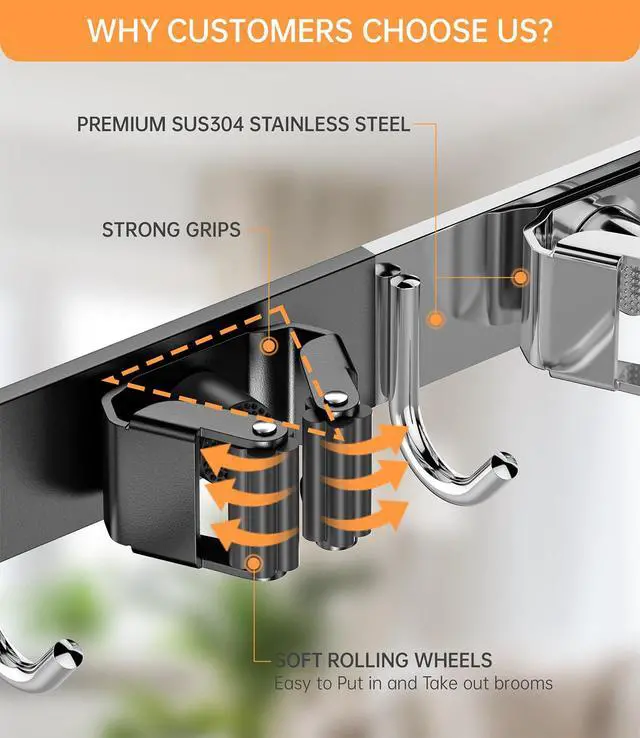 Alt view image 7 of 7 - Broom Holder Over The Door with Hooks -304 Stainless Steel (Black) | Save Space, Anti-Rust & Sturdy, Mop and Broom Holder Wall Mounted or Hanging Over The Door, for Garage Laundry Kitchen