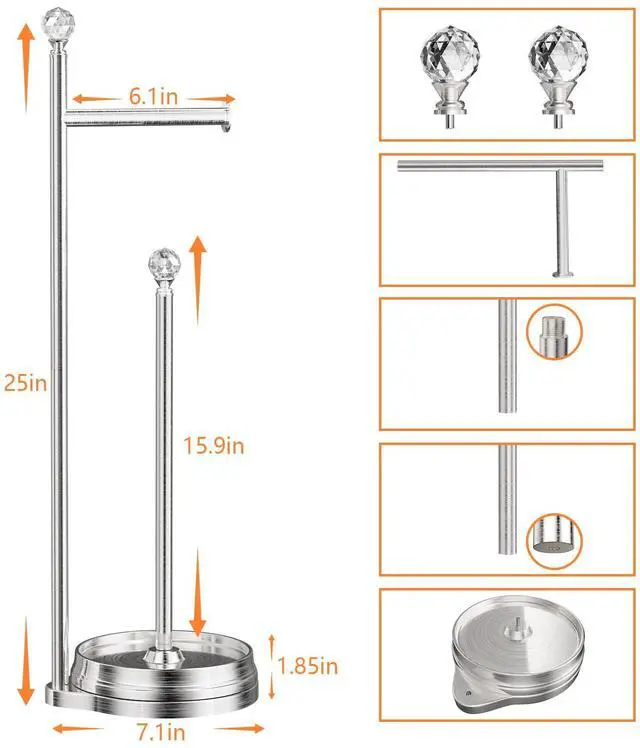 Alt view image 2 of 6 - Toilet Paper Holder for Bathroom, Heavy Weighted Metal Free Standing Toilet Paper Holder Stand with Crystal Ball, Toilet Paper Roll Stand for Bathroom AccessoriesBrushed Nickel