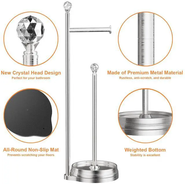 Alt view image 3 of 6 - Toilet Paper Holder for Bathroom, Heavy Weighted Metal Free Standing Toilet Paper Holder Stand with Crystal Ball, Toilet Paper Roll Stand for Bathroom AccessoriesBrushed Nickel