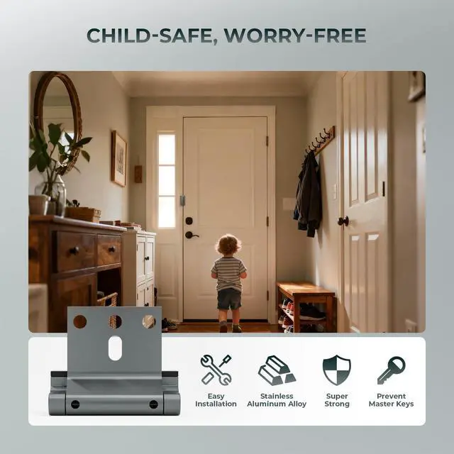 Alt view image 4 of 7 - Home Security Door Reinforcement Lock, Childproof Safety Latch | 2Pack Top Door Lock Stopper for Toddlers Safety, Prevents Home Unauthorized Entry, Aluminum Construction, Withstands 800lbs