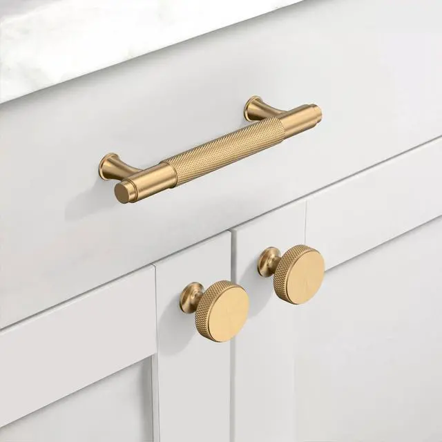 Alt view image 3 of 6 - Champagne Bronze Knurled Cabinet Knobs Round Drawer Pulls 10 Pack | Solid Aluminum alloy, 1.2 Inch Diameter, textured brass finish hardware pulls for dressers, drawers, cupboard, bathroom