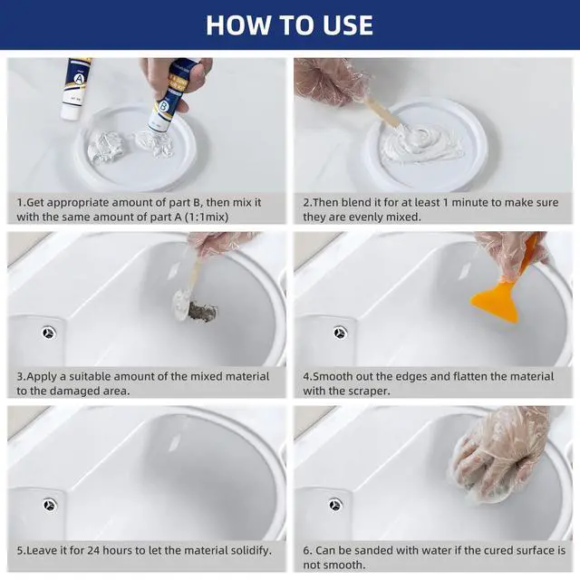 Alt view image 4 of 6 - Tub Repair Kit White, Fiberglass Shower tub and Porcelain Sink Repair Kit | Bathtub Repair Kit for Acrylic, Enamel, Ceramics Tile and Toilet, Repair cracks, fragments, holes and pits