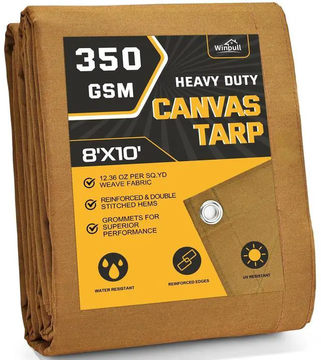 Main image of Heavy Duty Canvas Tarp 8x10 ft, 12oz (350 GSM) Polyester Canvas Water-Resistant Tarp with Rustproof Grommets, Tear-Resistant Outdoor Cover for Wood Piles, Camping, Trailer & Equipment