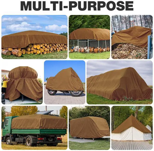 Alt view image 2 of 7 - Heavy Duty Canvas Tarp 8x10 ft, 12oz (350 GSM) Polyester Canvas Water-Resistant Tarp with Rustproof Grommets, Tear-Resistant Outdoor Cover for Wood Piles, Camping, Trailer & Equipment