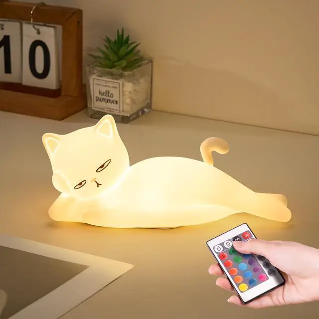 Main image of Lying Flat Cat Lamp Funny Gifts, 16 Colors+5 Dimming+Silicone Random Stuff, Touch+Remote+Recharge Night Light, Unique Cool Lamp,Cute Weird Stuff, Squishy Cat White Elephant Gifts for Adults/Teens/Kids