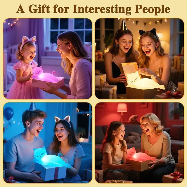 Alt view image 2 of 7 - Lying Flat Cat Lamp Funny Gifts, 16 Colors+5 Dimming+Silicone Random Stuff, Touch+Remote+Recharge Night Light, Unique Cool Lamp,Cute Weird Stuff, Squishy Cat White Elephant Gifts for Adults/Teens/Kids